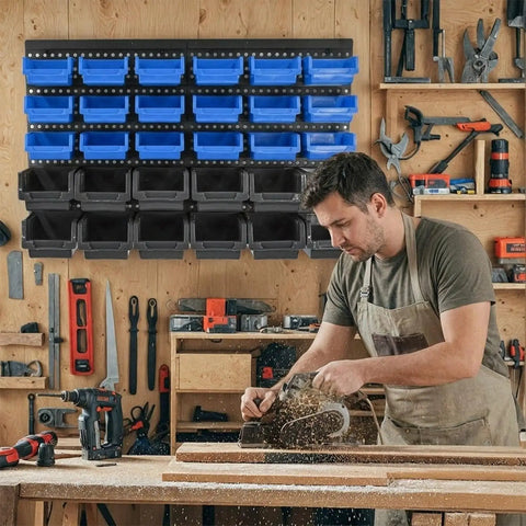 Rock Solid Heavy Duty Wall Mount Tool Organizer Rack With Thirty Spacious Compartments for hardware organization in workshop.