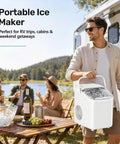 Portable Compact Countertop Ice Maker With Self Cleaning Design and Rapid Cube Batch Output for Outdoor Gatherings.