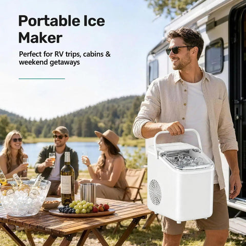 Portable Compact Countertop Ice Maker With Self Cleaning Design and Rapid Cube Batch Output for Outdoor Gatherings.