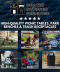 Collage of coated outdoor furniture including picnic tables, benches, trash receptacles with thermoplastic coating.