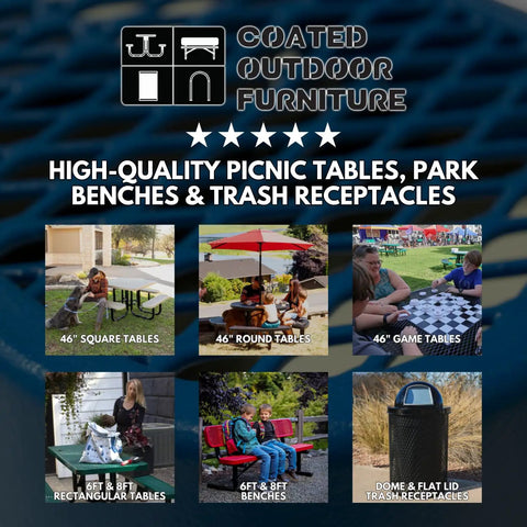 Collage of coated outdoor furniture including picnic tables, benches, trash receptacles with thermoplastic coating.