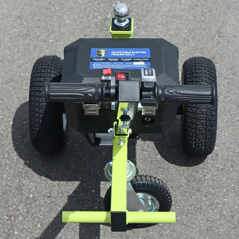 Tow Tuff Electric Trailer Dolly With 3500 Lb Capacity top view showing control handles and wheels on a flat surface.