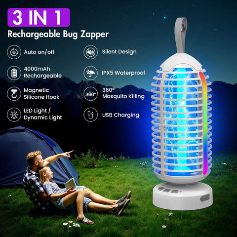 Cordless Mosquito Zapper With Colorful Lighting And Auto Sensing 3 In 1 Bug Trap With 4000mAh Rechargeable Battery for Camping
