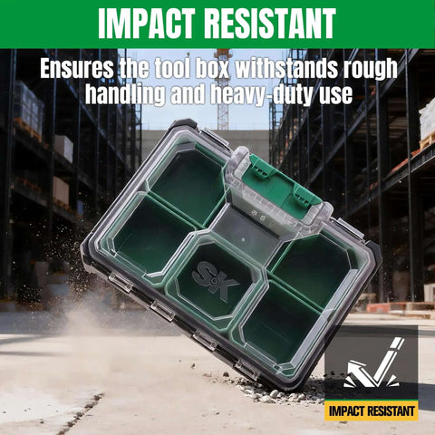 13.5 Inch Small Parts Organizer Box With Stackable Design, 7 Compartments And Removable Dividers, Clear Lid, IP65 Waterproof And Tough-As-Nails Impact-Resistant Case For Your Small Tools And Gear, shown in impact test.