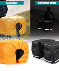 50L Expandable Rear Rack Bike Bag With Rain Cover And Multiple Pockets, black saddle panniers showing rain cover and reflective strips