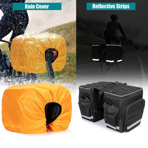 50L Expandable Rear Rack Bike Bag With Rain Cover And Multiple Pockets, black saddle panniers showing rain cover and reflective strips