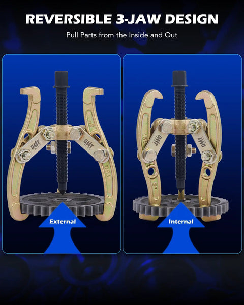 Beefy Heavy Duty Gear Puller Set 3 Inch 4 Inch 6 Inch 8 Inch 3 Jaw Puller Kit with reversible jaw design for external and internal use.