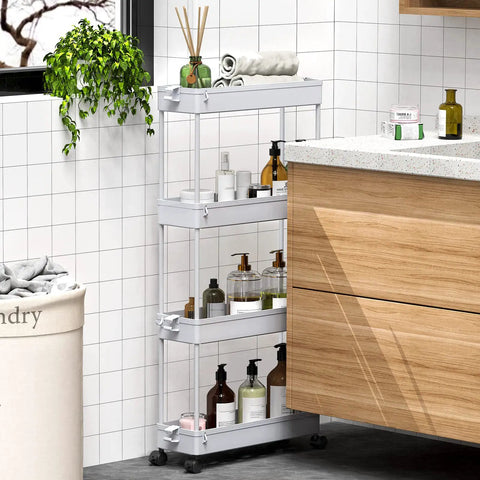 Slim 4 Tier Rolling Storage Cart On Wheels For Tight Spaces, Mobile Kitchen And Bathroom Organizer, shown in a kitchen corner