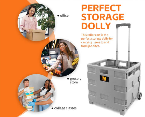 Collapsible Rolling Utility Cart With Lid 80 Lb Capacity folding dolly with telescoping handle for office, grocery, college use.
