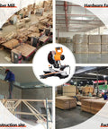 Heavy Duty 10 Inch Sliding Miter Saw With Dual Speed Motor And Razor Sharp Carbide Blade For No Sweat Cuts Quick Angle Adjustments Smooth Operator Build ETL Certified Power Tool in a busy construction site and factory.