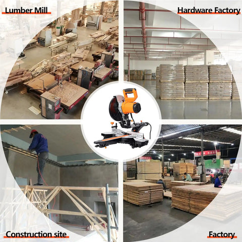 Heavy Duty 10 Inch Sliding Miter Saw With Dual Speed Motor And Razor Sharp Carbide Blade For No Sweat Cuts Quick Angle Adjustments Smooth Operator Build ETL Certified Power Tool in a busy construction site and factory.
