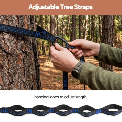 Person setting up ultralight camping hammock for hiking and travel with adjustable tree straps wrapped around a pine tree.
