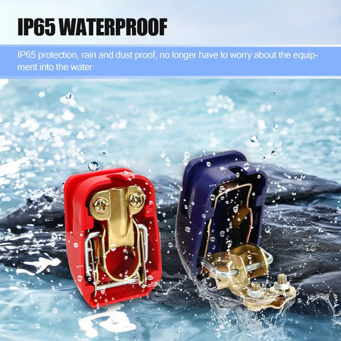 Two Pack Quick Release Cable Terminal Connectors for Cars, Auto Switch Terminals, red and blue covers, IP65 waterproof