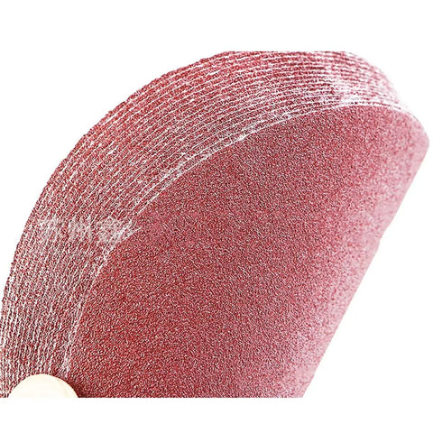 Close-up of 100-Piece Hook And Loop Sanding Discs with Aluminum Oxide Paper, showcasing rough grit surface for sanders.