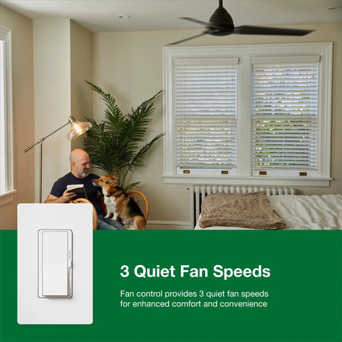 Space Saving 3 Speed Ceiling Fan Control Switch For Indoor Rooms Single Pole Or 3 Way White Finish DVFSQ-F-WH Ideal For Bedrooms Bathrooms Basements Not Compatible With Remotes Or Motorized Fans
