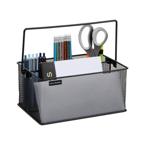 Multi Purpose Storage Caddy With Handle For Desk And Kitchen Black Metal Mesh Organizer With Easy Grab Four Compartments