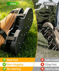 Spring Loaded Lawn Aerator Shoes With Velcro Straps One Size Fits All Self Cleaning No Installation Aerating Shoes For Lawn Garden Yard Black Effort Saving Design With Premium Spring Rebound For Easy On Off And Clean Performance, shown left with clean spikes and right with muddy spikes