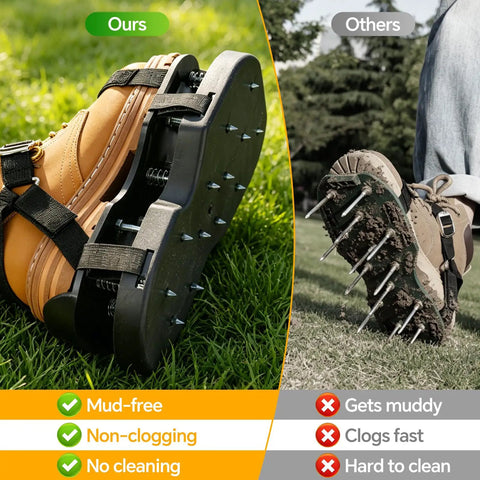 Spring Loaded Lawn Aerator Shoes With Velcro Straps One Size Fits All Self Cleaning No Installation Aerating Shoes For Lawn Garden Yard Black Effort Saving Design With Premium Spring Rebound For Easy On Off And Clean Performance, shown left with clean spikes and right with muddy spikes