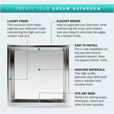 12x12 Inch Stainless Steel Shower Niche, Modern Waterproof In Wall Shelf For Bathroom, Easy Tile In Install With Silicone Sealant