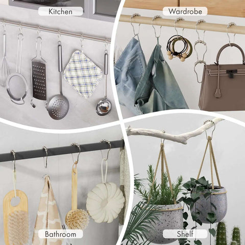 Rustproof Stainless Steel Shower Curtain Hooks Set Of 12 For Bathroom Rods With Polished Nickel Finish used in kitchen, wardrobe, bathroom, and shelf.