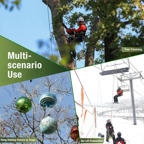 Arborist Slingshot Throw Line Rope Launcher in use for tree trimming, decorating, and ski lift evacuation scenarios.