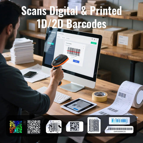 Person using 2D USB Wired Barcode Scanner With Plug And Play Setup For 1D And 2D Codes in retail or office setting