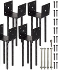 Fence Post Holder Ground Spike for Concrete Deck, 4x4 Post Base Anchor, Steel Black Powder Coated, 4 Pack with screws and bolts