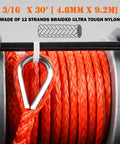 Close-up of orange synthetic nylon rope on 3000 Lb Electric Winch For ATV UTV Boat Trailer With Synthetic Rope 12V DC Off Road Towing Winch Wireless Remote And Mounting Bracket Heavy Duty Utility Tool For ATVs Jeeps Trailers And More