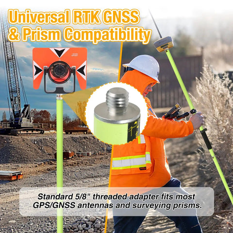 Rock Solid Aluminum Survey Pole Six Point Five Foot Long Rugged GPS Rover Rod Built Tough For RTK GNSS Measurements And Prism Attachments Standard Five Eighth Inch Thread in use with an RTK GNSS antenna.