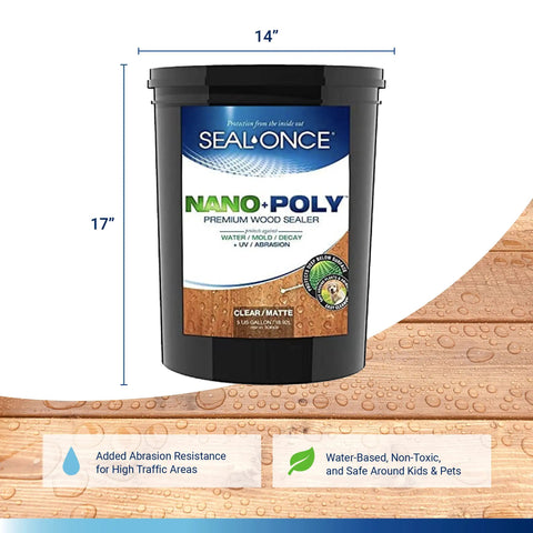 Heavy Duty Water Based Wood Sealer And Clear Waterproofer in a 5-gallon bucket for outdoor wood protection.