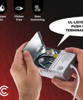 Hands holding the electrical box of Six Inch LED Recessed Lighting Kit 16 Pack Ultra Thin Canless Dimmable Downlights, highlighting UL-listed push-in terminals.