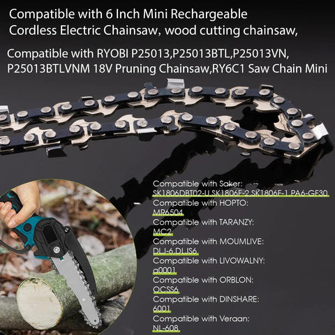 Super Sharp 6 Inch Mini Chainsaw Chain 5 Pack Compatible With Ryobi 18V Pruning Saw shows chain details for wood cutting use.