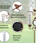 32-Inch Garden Rain Gauge With Thermometer And Metal Bird Statue, showing glass tube and bronze bird decoration