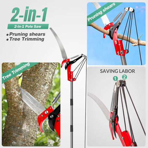 10 Ft Pole Saw For Tree Trimming With Steel Blade And Pruning Scissors Two In One Pro Grade Heavy Duty Manual Limb Cutter