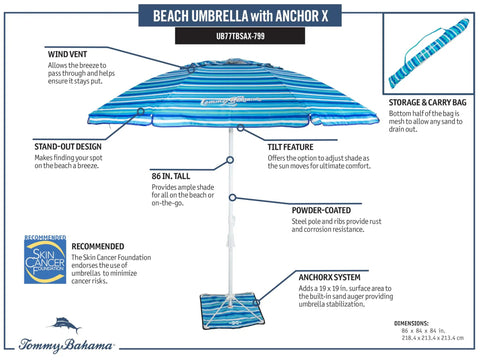 Diagram showing AnchorX 7 Ft Beach Umbrella Base System with Sand Anchor, blue stripe design, features like wind vent and carrying bag.