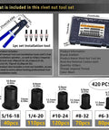 Rivet Nut Tool Kit For Furniture Automotive Marine And Industrial Projects Pro Grade SAE Black Carbon Steel Rivnut Set with 420 pieces case.