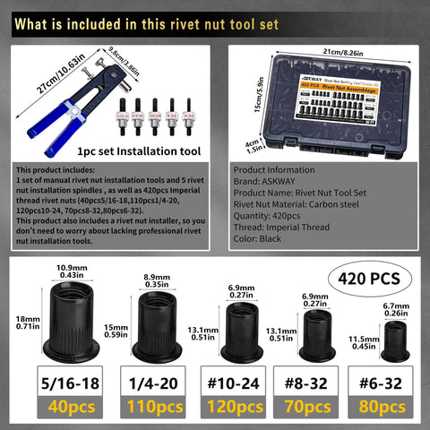 Rivet Nut Tool Kit For Furniture Automotive Marine And Industrial Projects Pro Grade SAE Black Carbon Steel Rivnut Set with 420 pieces case.