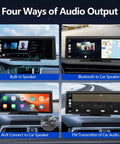 8.1 Inch Portable Wireless CarPlay Screen With 2K Dash Cam And 1080P Backup Camera showing four audio output options
