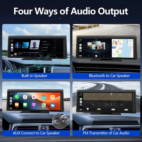 8.1 Inch Portable Wireless CarPlay Screen With 2K Dash Cam And 1080P Backup Camera showing four audio output options