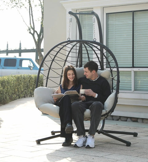 Egg Chair With Stand Hammock Swing Chair Foldable Hanging Loveseat For Indoor Or Outdoor Use with two people seated