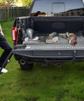 42 Inch Foldable Tailgate Ladder For Pickup Trucks Universal Fit Easy Access Built Tough Heavy Duty Aluminum Step Supports Up To 600 Lbs Works With Most Trucks Tailgate Width 51 Inches Or Wider And Ground Clearance Under 42 Inches installed on pickup tailgate
