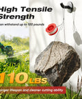 High tensile strength trimmer line lifting rock, demonstrating durability; Eight Pack Weedeater String Replacement 30 Feet 0.065 Inch Trimmer Line