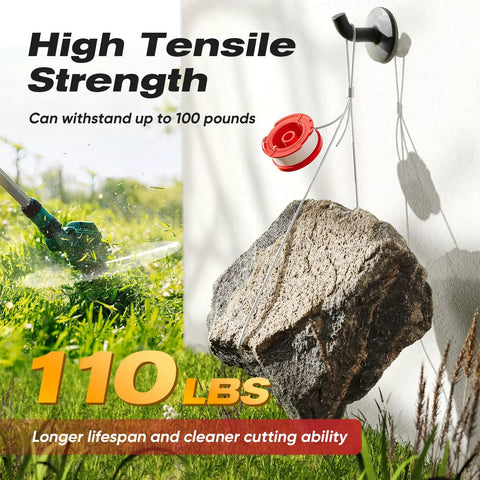 High tensile strength trimmer line lifting rock, demonstrating durability; Eight Pack Weedeater String Replacement 30 Feet 0.065 Inch Trimmer Line
