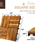 Top Shelf Nine Piece Solid Acacia Wood Interlocking Deck Tiles Non Slip Grooved Outdoor Flooring 12x12 inches with drainage.