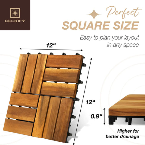 Top Shelf Nine Piece Solid Acacia Wood Interlocking Deck Tiles Non Slip Grooved Outdoor Flooring 12x12 inches with drainage.