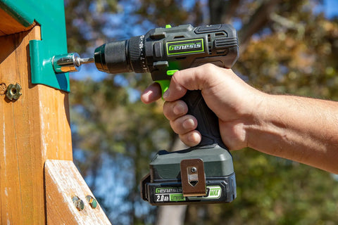 Person using Beefy 20V Cordless Drill With One Half Inch Metal Ratcheting Chuck 450 Inch Pounds Of Torque Two Speed Gear Box outdoors