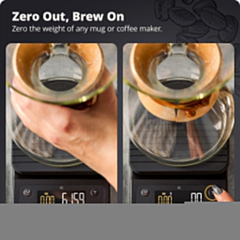 0.1g Precision Digital Coffee Scale With Timer For Pour Over And Espresso, displaying zeroing function with Chemex on scale