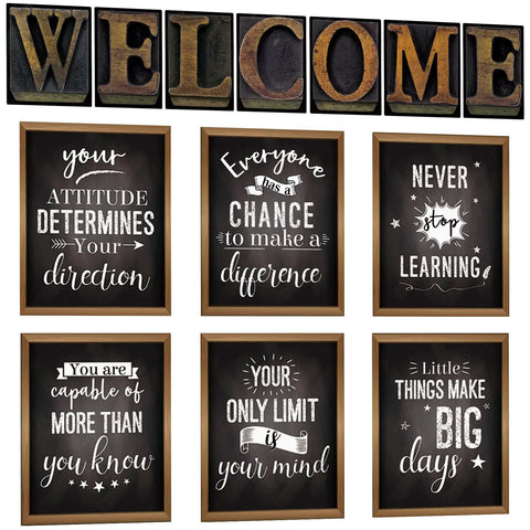 Fresh Industrial Chic Bulletin Board Poster Set Leveling Up Classroom Vibe With Seven Welcome Cutouts And Six Motivational Prints Perfect Teacher Decor Game Changer Glue Dots Included with welcome sign and six framed motivational prints.