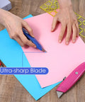12 Pcs Retractable Professional Box Cutters Heavy Duty Aluminum Alloy Utility Knife Set With Three Color Options Blue Red Magenta For Warehouse Office Home DIY Projects, blue cutter cutting pink paper