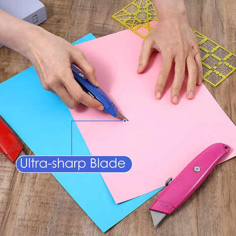 12 Pcs Retractable Professional Box Cutters Heavy Duty Aluminum Alloy Utility Knife Set With Three Color Options Blue Red Magenta For Warehouse Office Home DIY Projects, blue cutter cutting pink paper